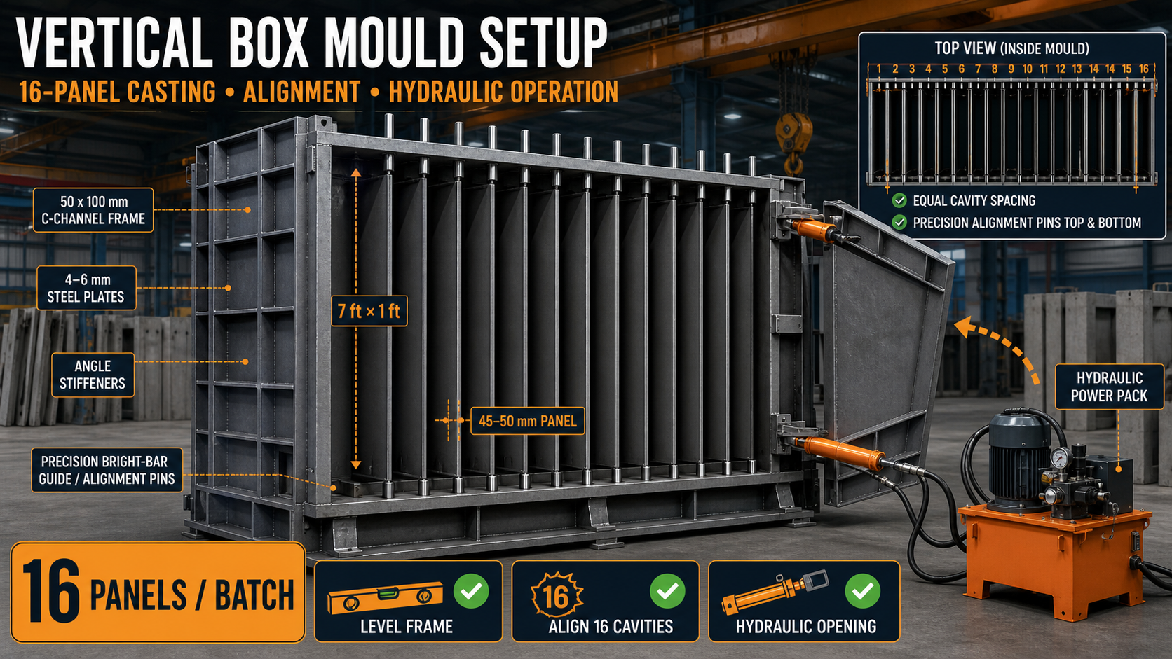 Vertical Box Mould Setup Guide: 16-Panel Casting, Alignment and Hydraulic Operation