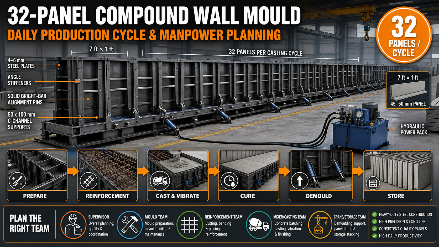 32-Panel Compound Wall Mould: Daily Production Cycle and Manpower Planning