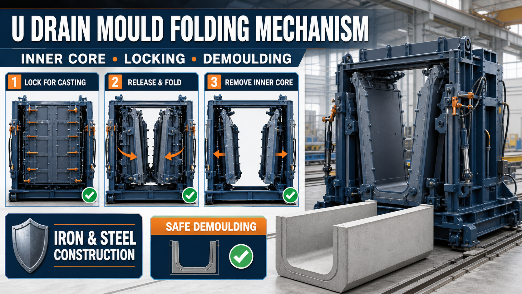 U Drain Mould Folding Mechanism: Inner Core Removal, Locking and Demoulding Guide