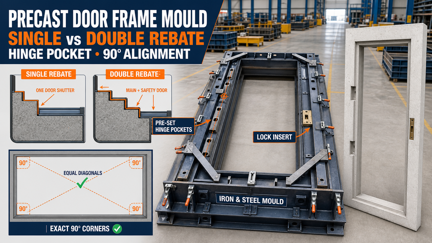 Precast Door Frame Mould Rebate System: Single vs Double Rebate, Hinge Pocket and Alignment Guide