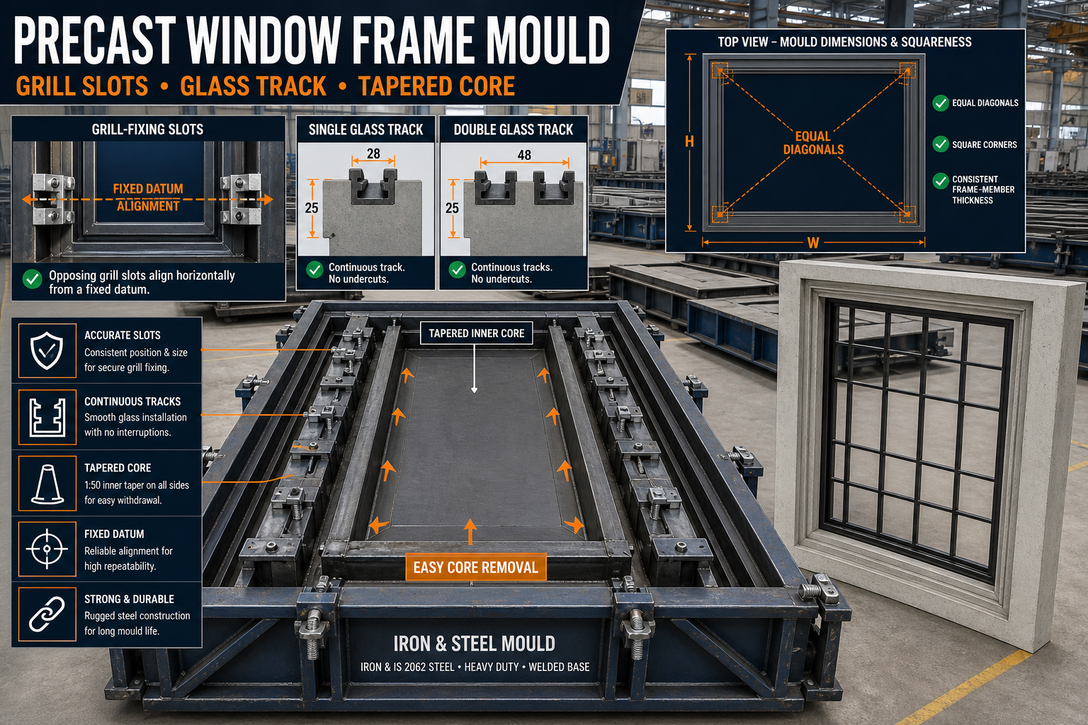 Precast Window Frame Mould Slot Design: Grill Fixing, Glass Track and Tapered Core Guide