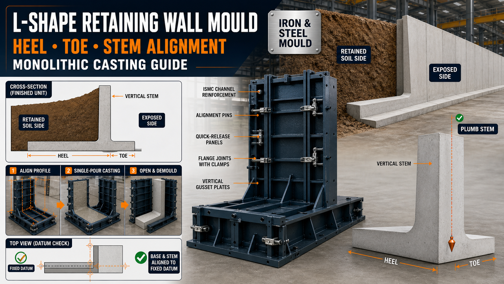L-Shape Retaining Wall Mould: Heel, Toe, Stem Alignment and Monolithic Casting Guide