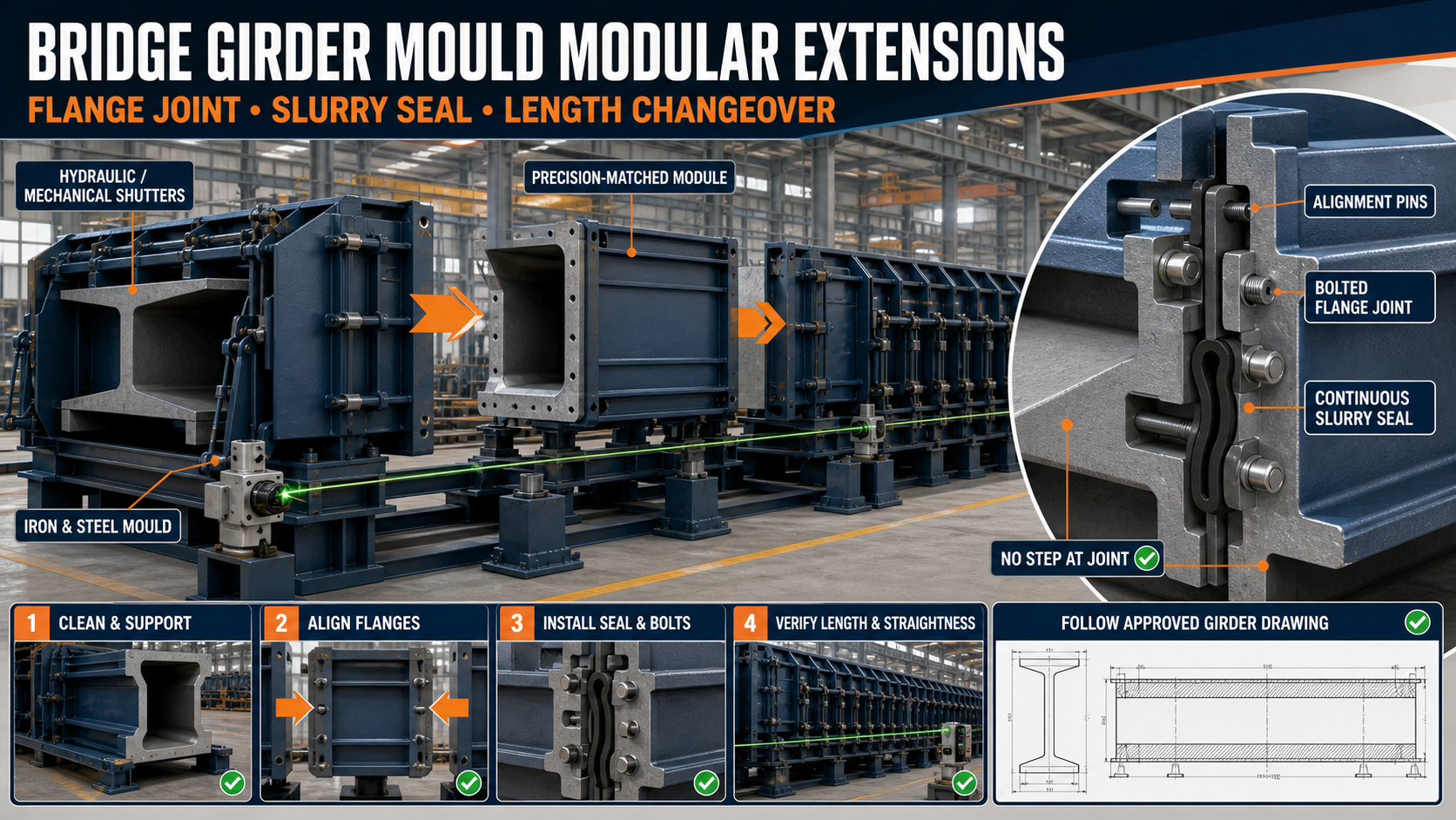 Bridge Girder Mould Modular Extensions: Flange Joint, Slurry Seal and Length Changeover Guide