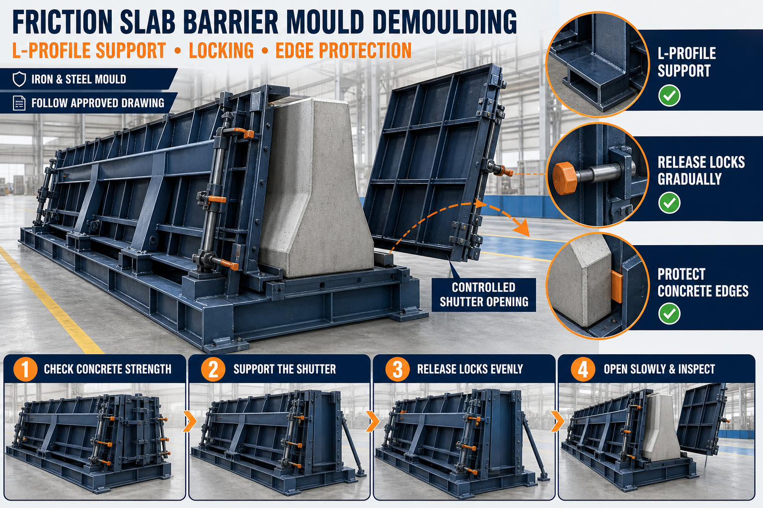 Friction Slab Barrier Mould Demoulding: L-Profile Support, Locking and Edge Protection Guide