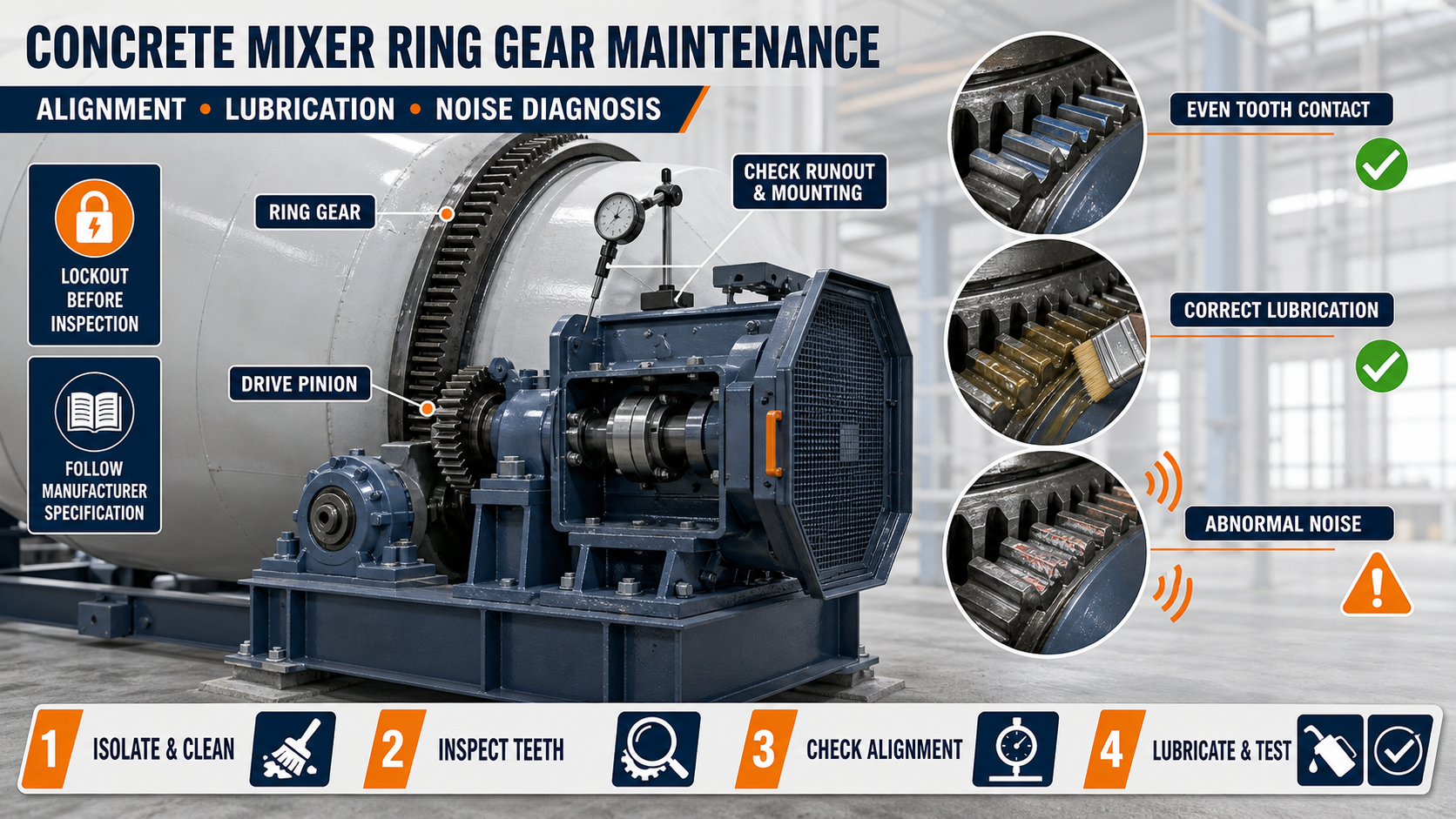 Concrete Mixer Ring Gear Maintenance: Alignment, Lubrication and Noise Diagnosis