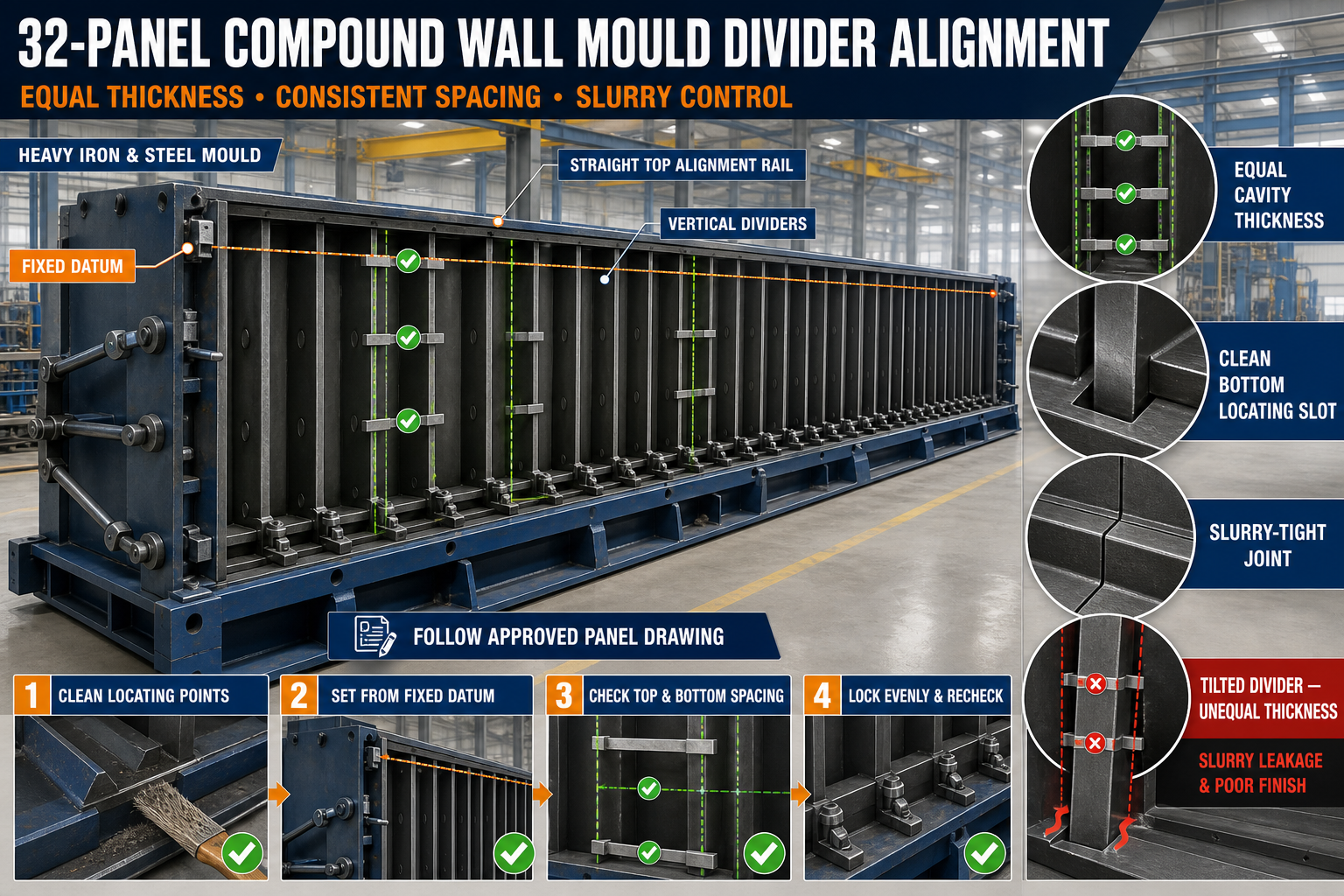 32-Panel Compound Wall Mould Divider Alignment: Equal Panel Thickness, Spacing and Slurry Control
