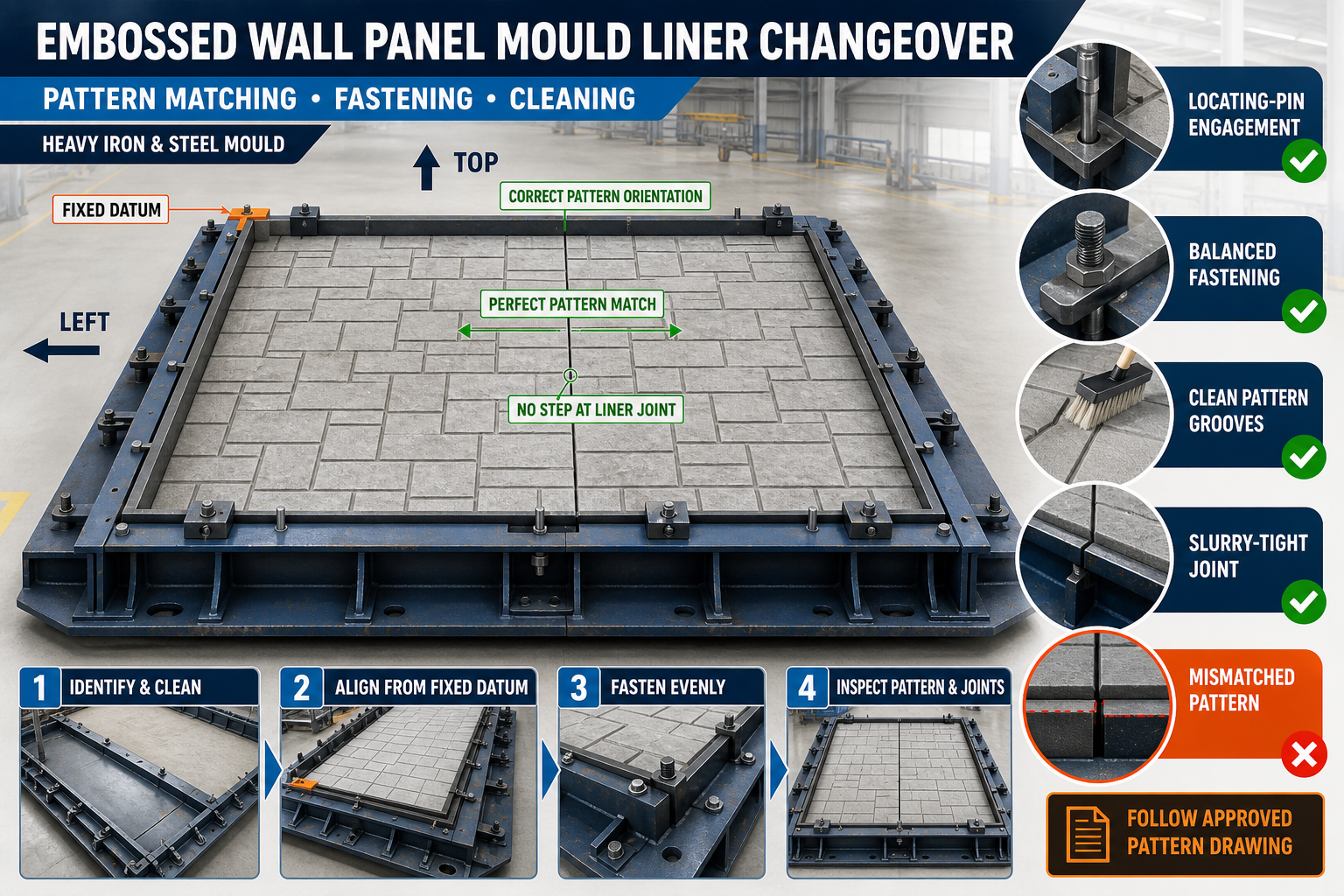Embossed Wall Panel Mould Liner Changeover: Pattern Matching, Fastening and Cleaning Guide
