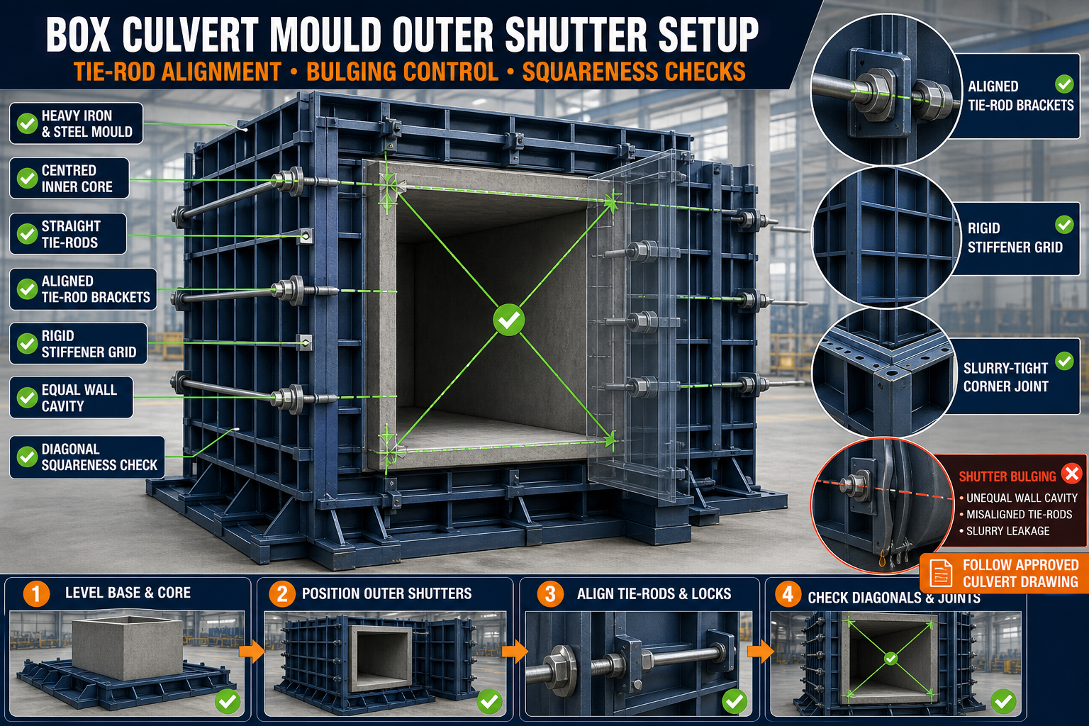 Box Culvert Mould Outer Shutter Setup: Tie-Rod Alignment, Bulging Control and Squareness Checks
