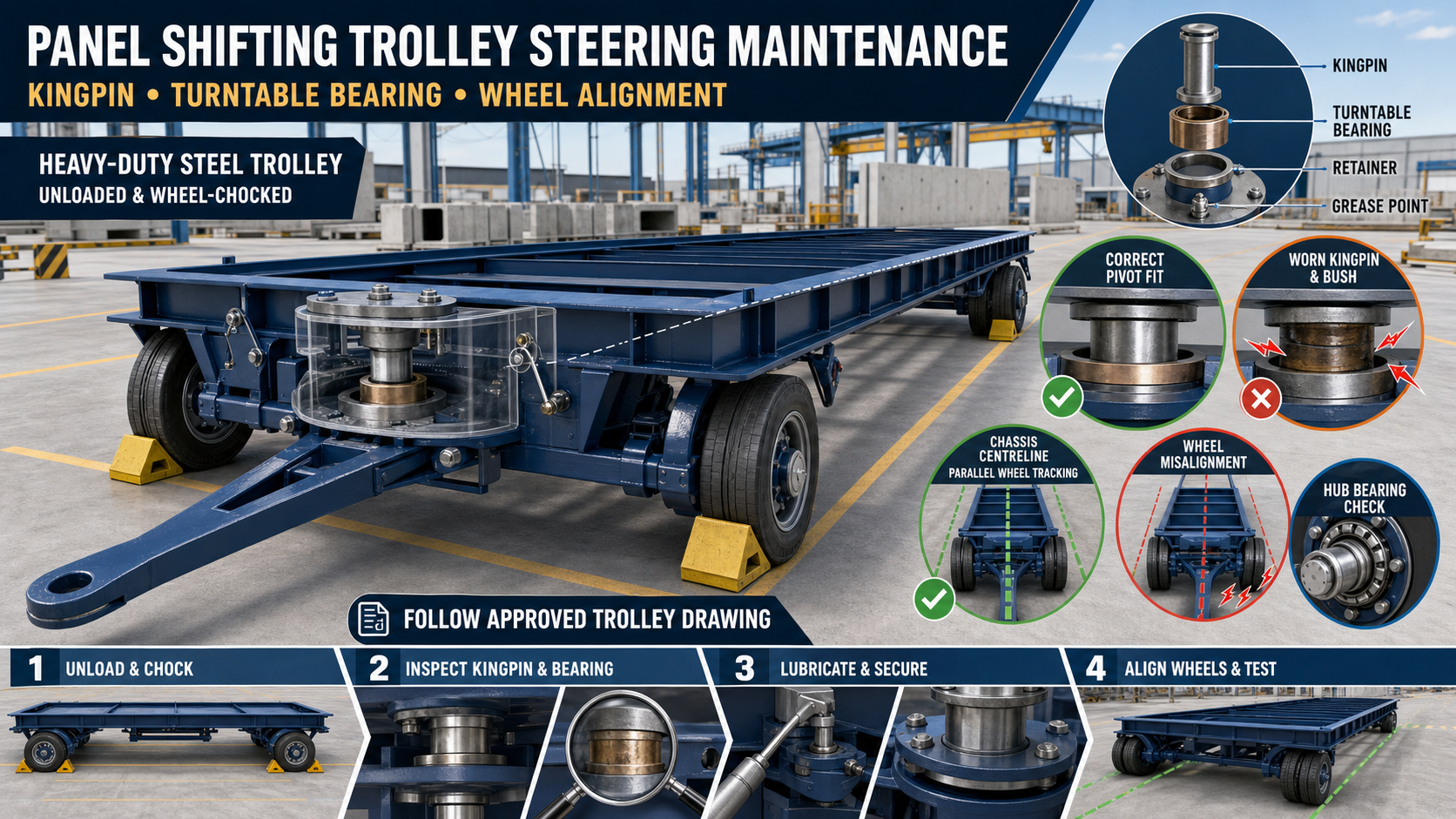 Panel Shifting Trolley Turntable Steering Maintenance: Kingpin, Bearing and Wheel Alignment Guide