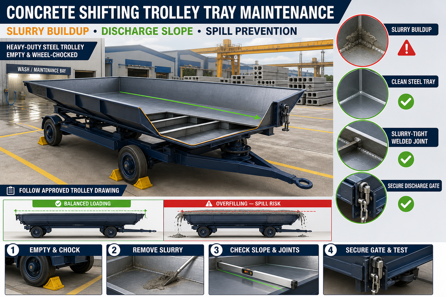 Concrete Shifting Trolley Tray Maintenance: Slurry Buildup, Discharge Slope and Spill Prevention