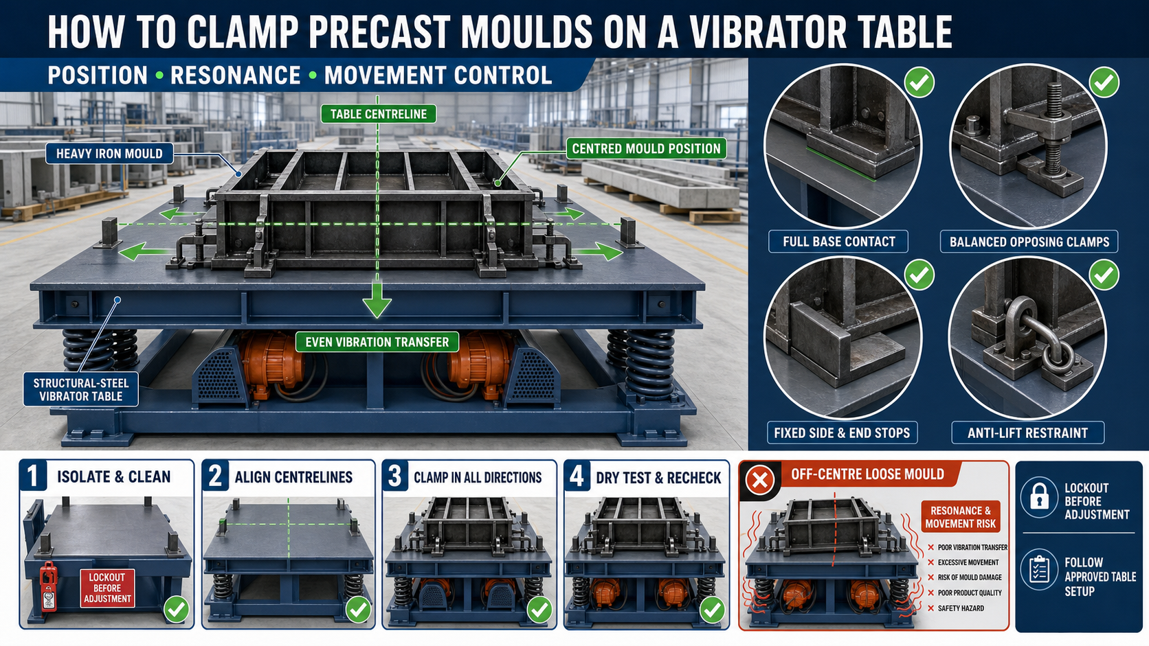 How to Clamp Precast Moulds on a Vibrator Table: Position, Resonance and Movement Control