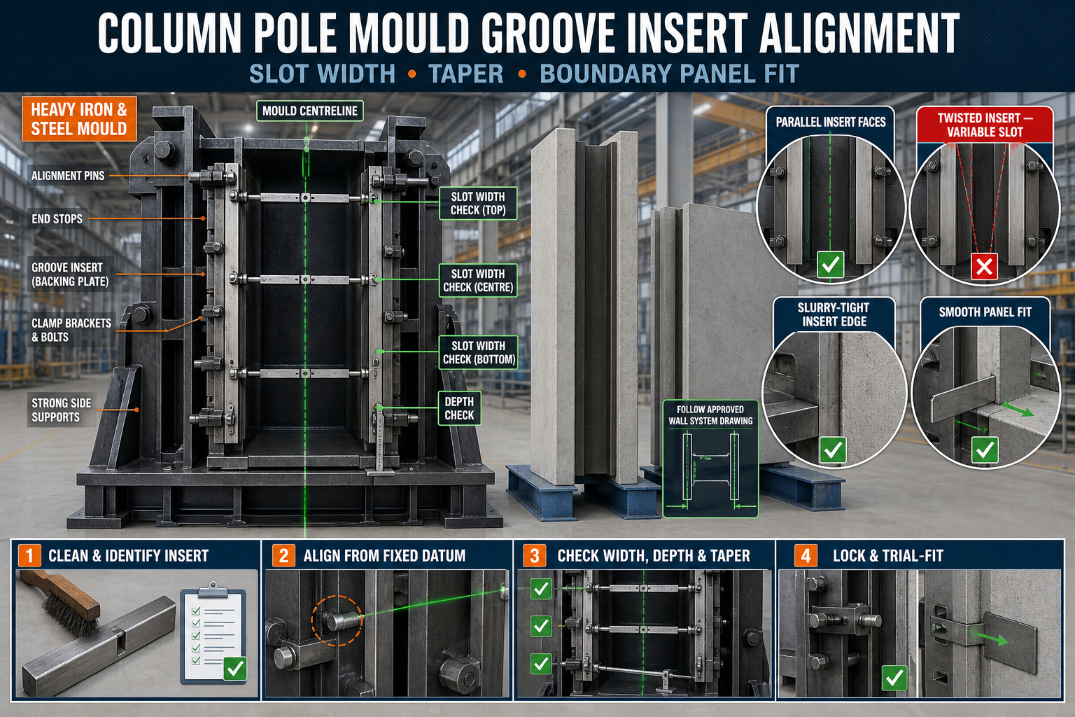 Column Pole Mould Groove Insert Alignment: Slot Width, Taper and Boundary Panel Fit Checks
