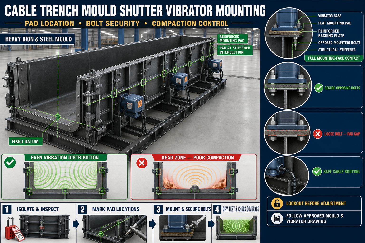 Cable Trench Mould Shutter Vibrator Mounting: Pad Location, Bolt Security and Compaction Control