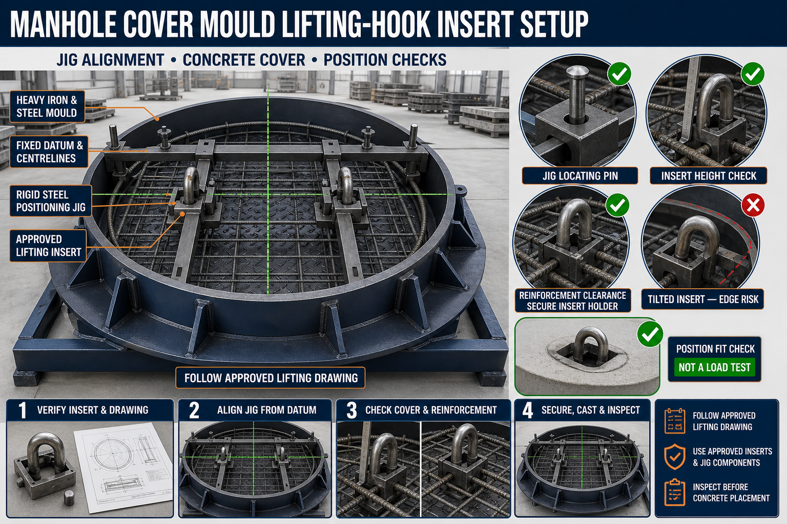 Manhole Cover Mould Lifting-Hook Insert Setup: Jig Alignment, Concrete Cover and Position Checks