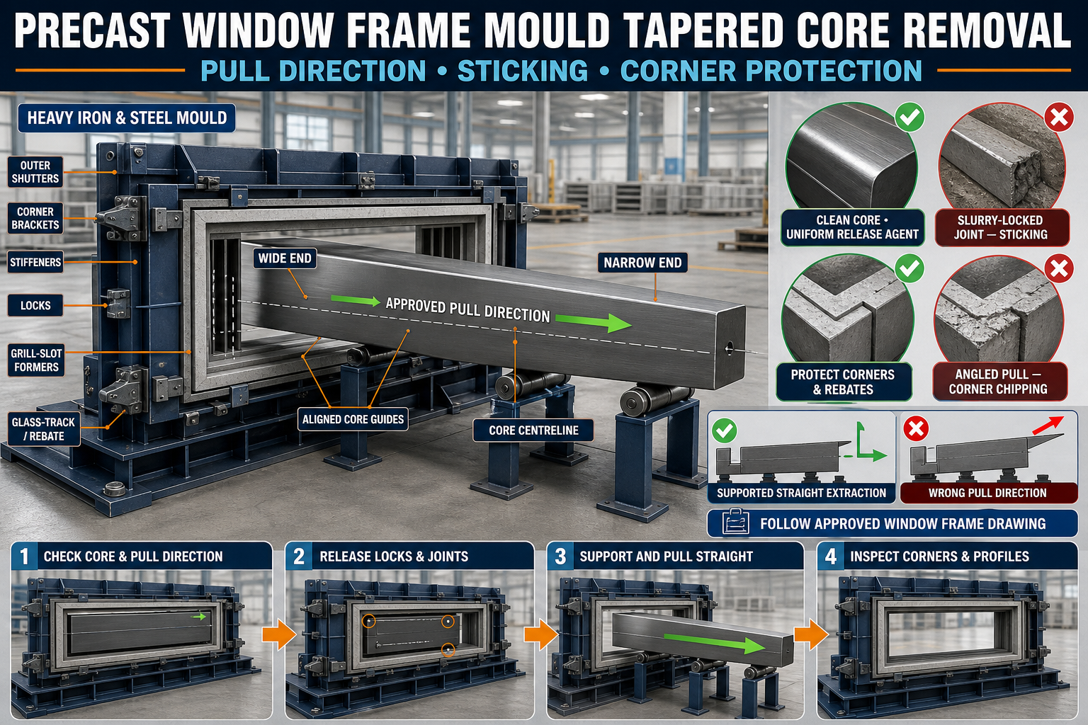 Precast Window Frame Mould Tapered Core Removal: Pull Direction, Sticking and Corner Protection Guide