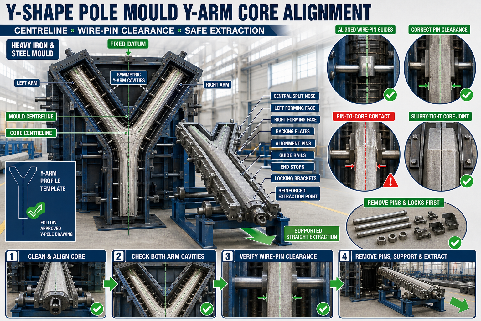 Y-Shape Pole Mould Y-Arm Core Alignment: Centreline, Wire-Pin Clearance and Safe Extraction