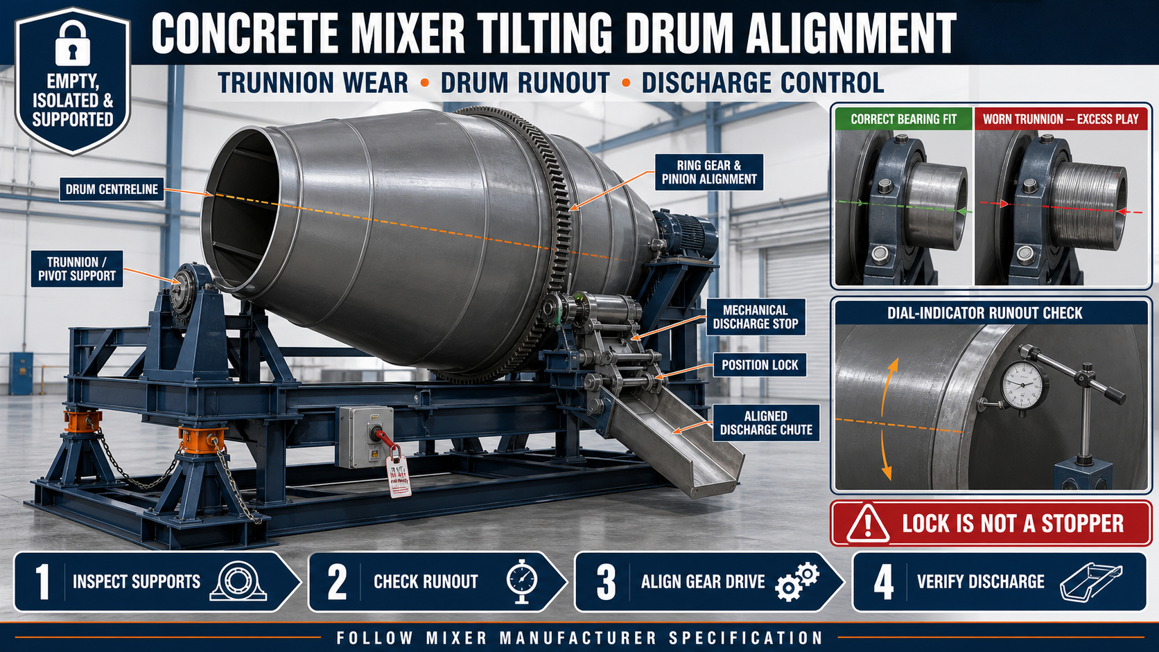 Concrete Mixer Tilting Drum Alignment: Trunnion Wear, Drum Runout and Discharge Control