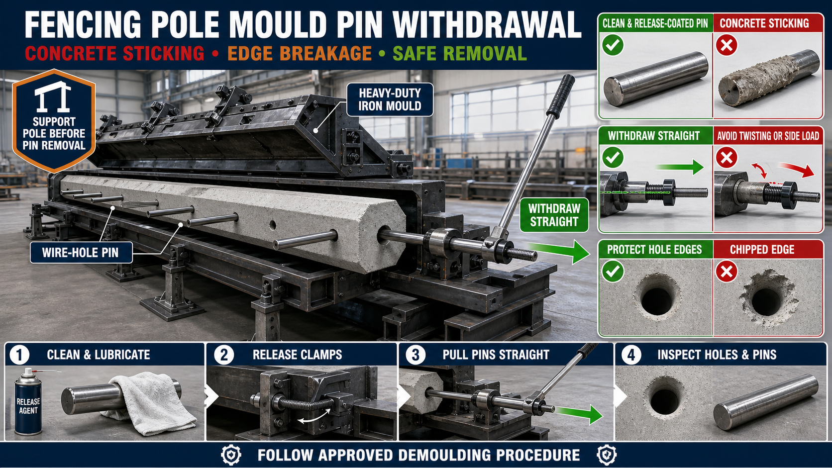 Fencing Pole Mould Wire-Hole Pin Withdrawal: Concrete Sticking, Edge Breakage and Safe Removal Guide