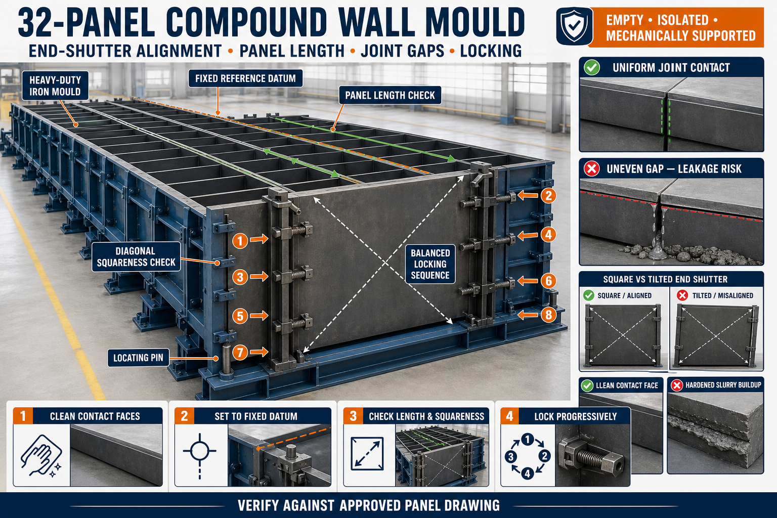 32-Panel Compound Wall Mould End-Shutter Alignment: Panel Length, Joint Gaps and Locking Guide
