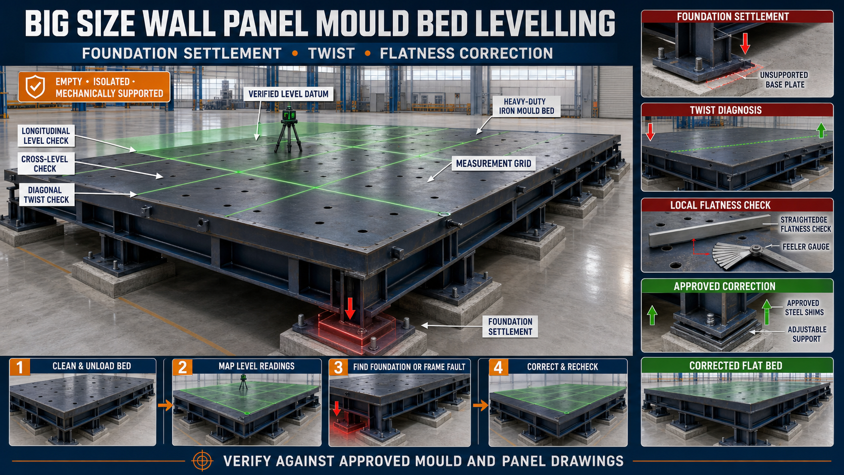 Big Size Wall Panel Mould Bed Levelling: Foundation Settlement, Twist and Flatness Correction