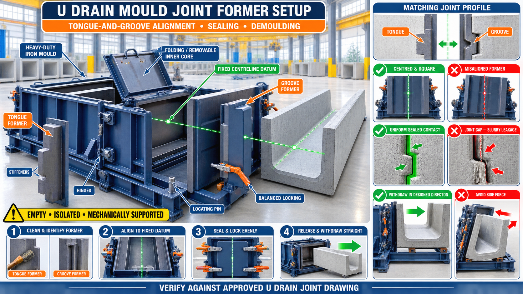 U Drain Mould Joint Former Setup: Tongue-and-Groove Alignment, Sealing and Demoulding Guide