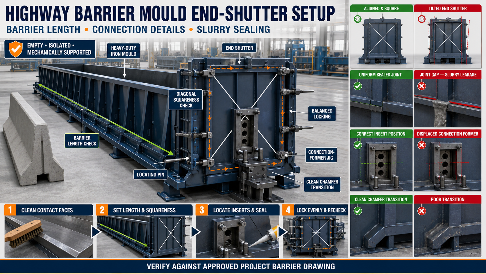 Highway Barrier Mould End-Shutter Setup: Barrier Length, Connection Details and Slurry Sealing