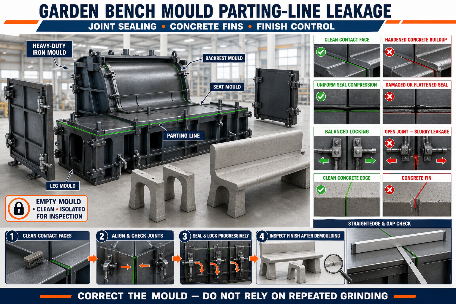 Garden Bench Mould Parting-Line Leakage: Joint Sealing, Concrete Fins and Finish Control