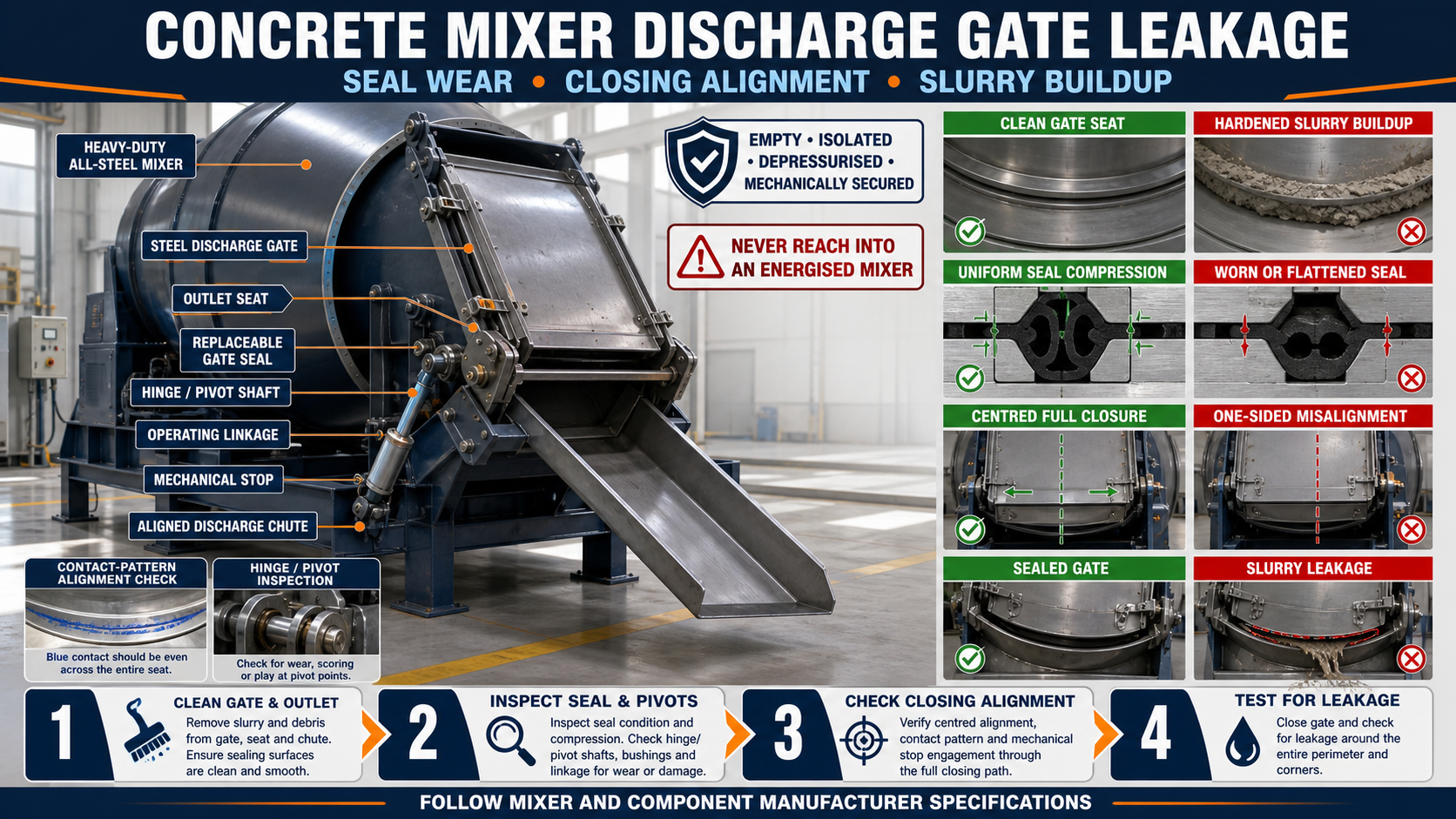 Concrete Mixer Discharge Gate Leakage: Seal Wear, Closing Alignment and Slurry Buildup Guide