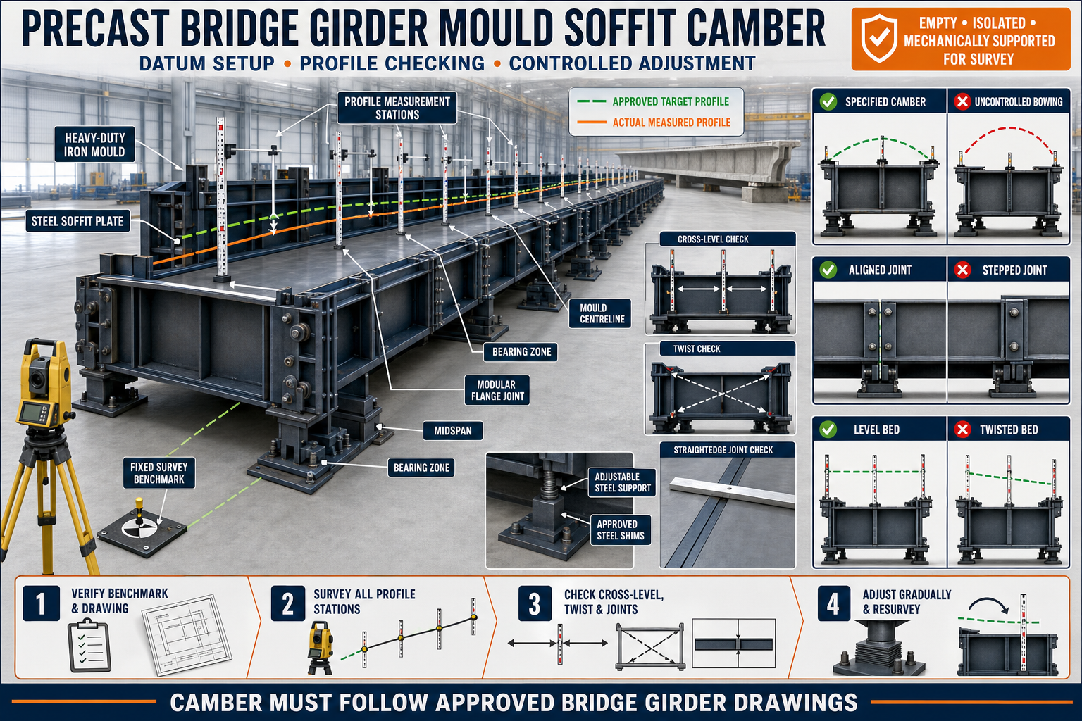 Precast Bridge Girder Mould Soffit Camber: Datum Setup, Profile Checking and Adjustment Guide