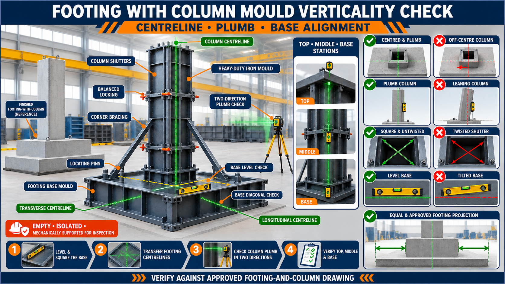 Footing With Column Mould Verticality Check: Centreline, Plumb and Base Alignment Guide