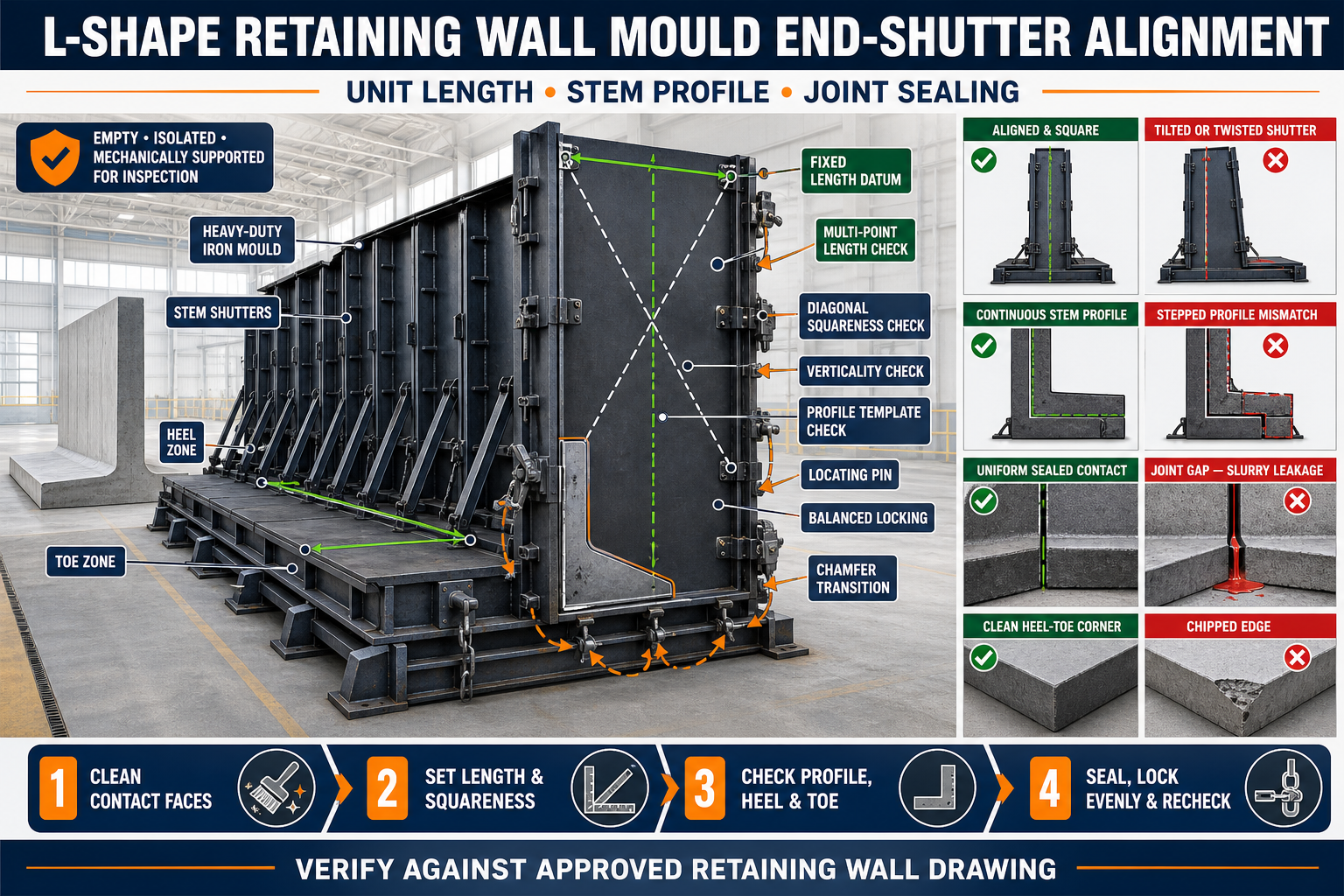 L-Shape Retaining Wall Mould End-Shutter Alignment: Unit Length, Stem Profile and Joint Sealing