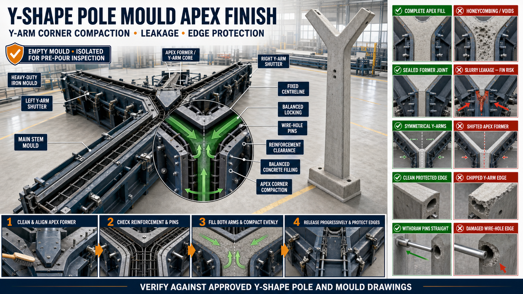 Y-Shape Pole Mould Apex Finish: Y-Arm Corner Compaction, Leakage and Edge Protection