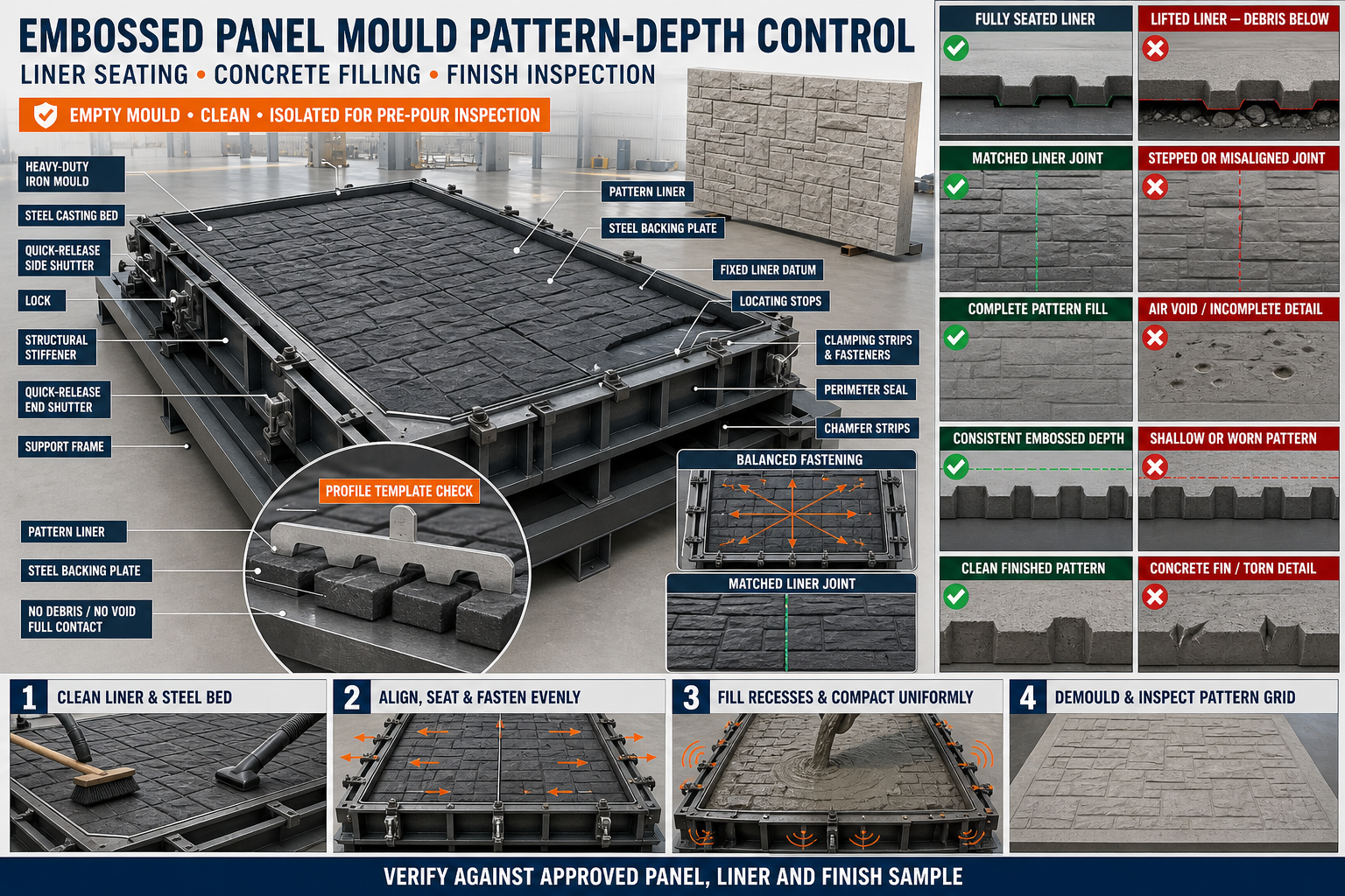 Embossed Panel Mould Pattern Depth Control: Liner Seating, Concrete Filling and Finish Inspection