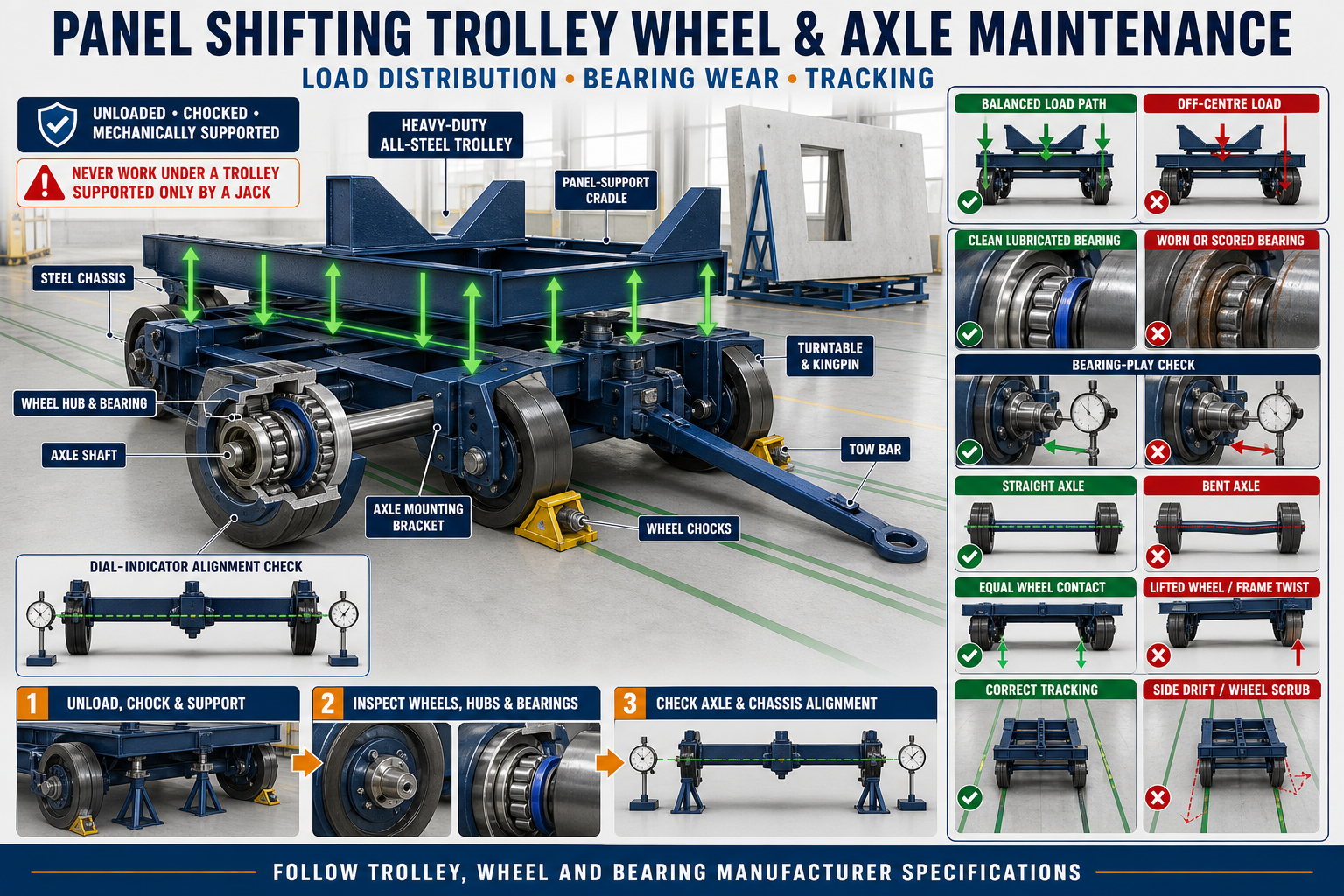 Panel Shifting Trolley Wheel and Axle Maintenance: Load Distribution, Bearing Wear and Tracking